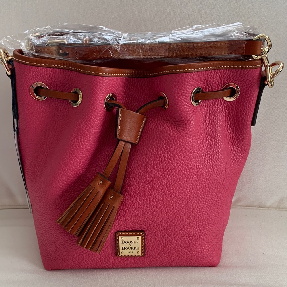Dooney & Bourke Pink Pebble Leather Drawstring Shoulder Bag with Brown Trim - Picture 7 of 7